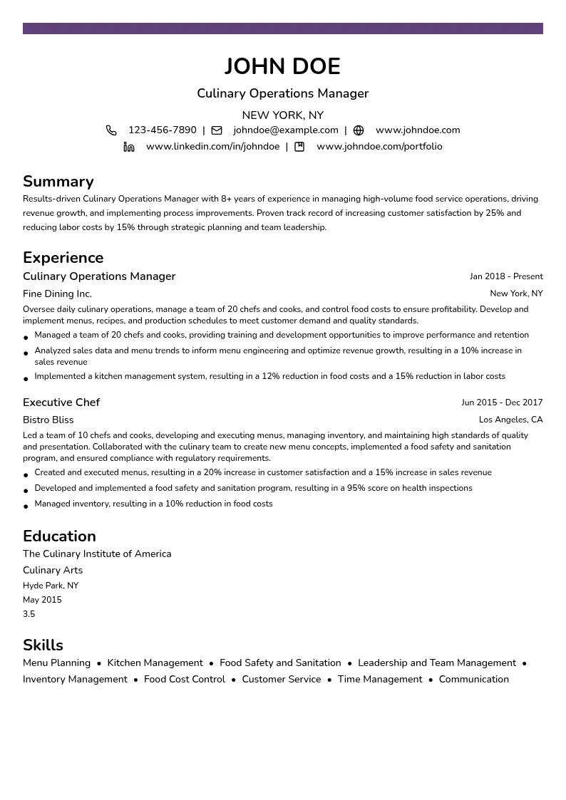 Culinary Operations Manager resume example