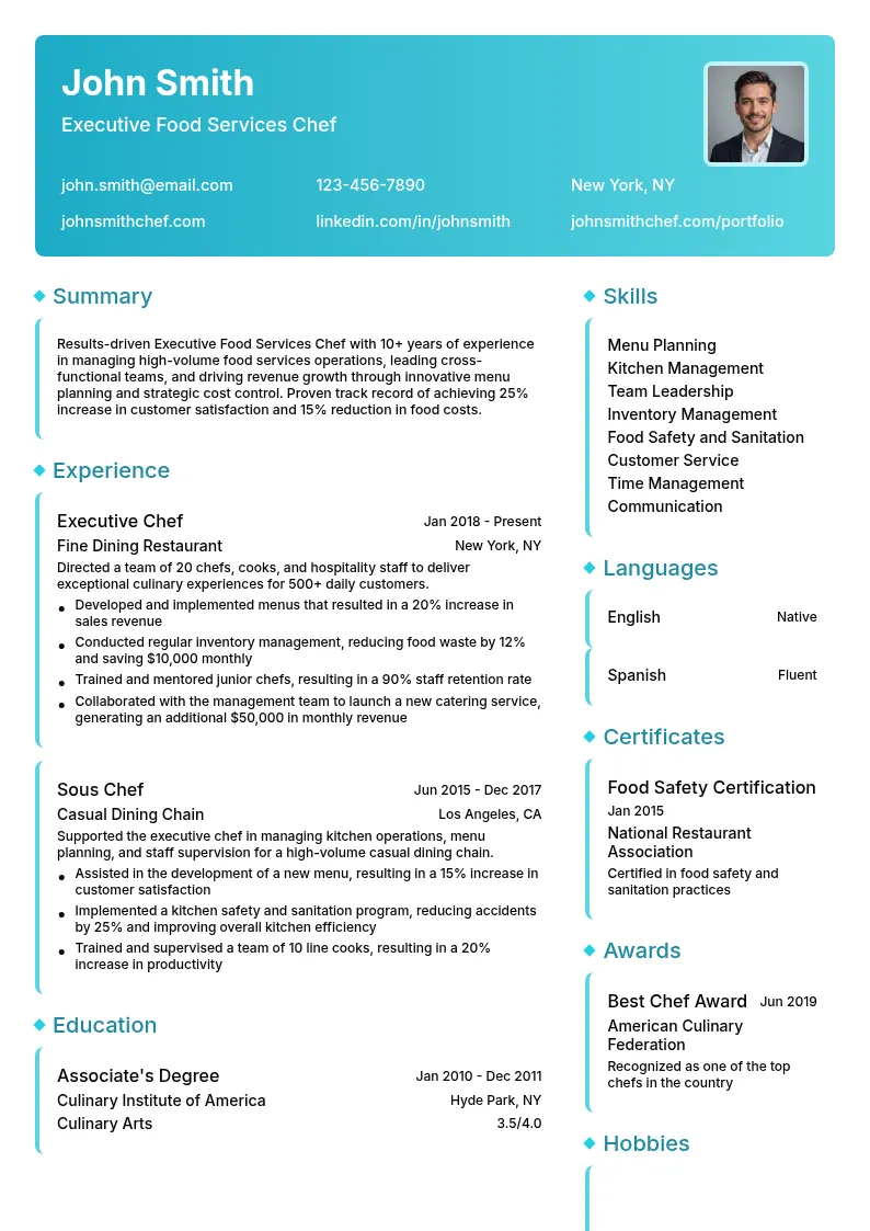 Executive Food Services Chef resume example