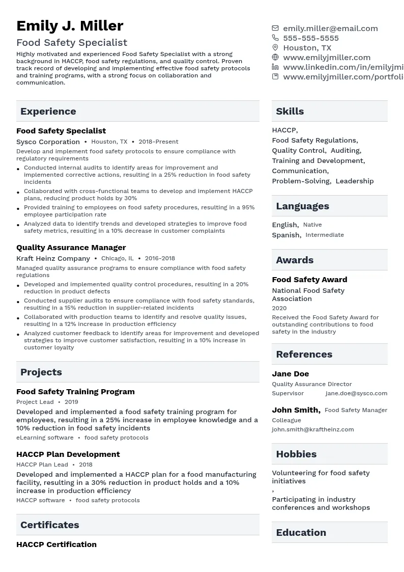Food Safety Specialist resume example