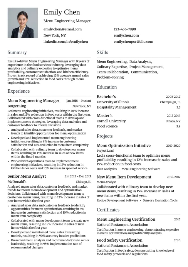 Menu Engineering Manager resume example