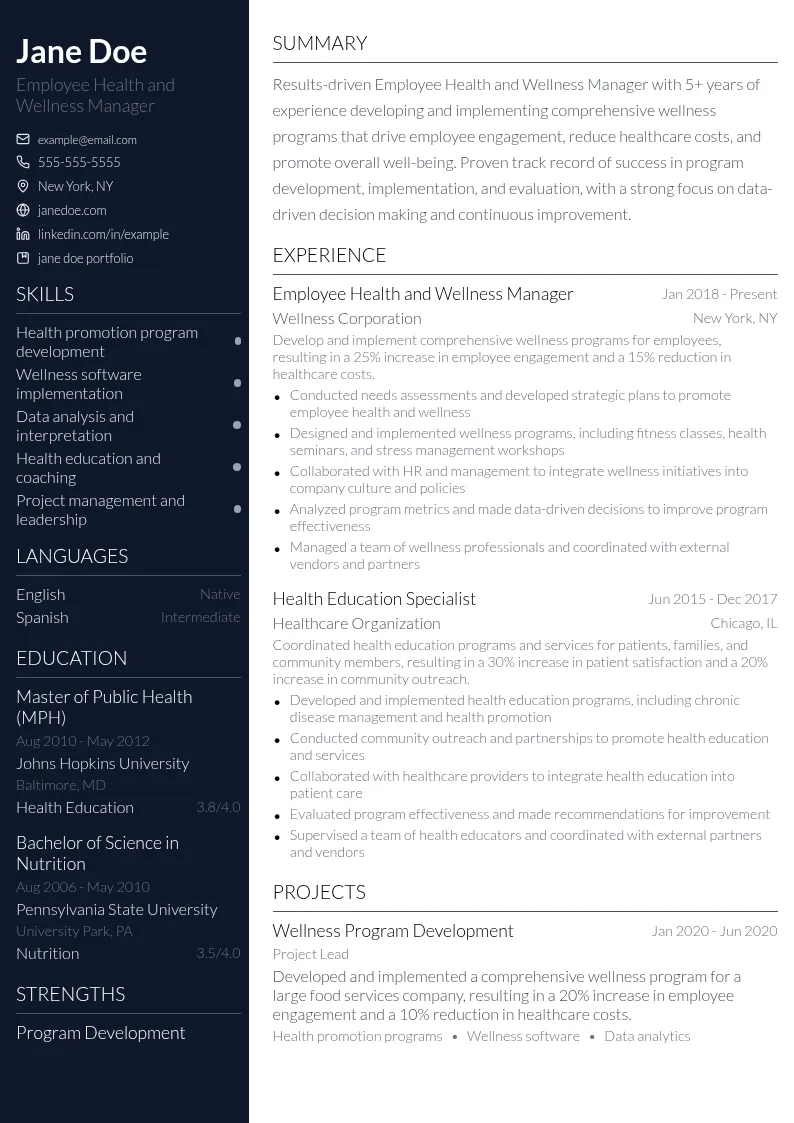 Employee Health and Wellness Manager resume example