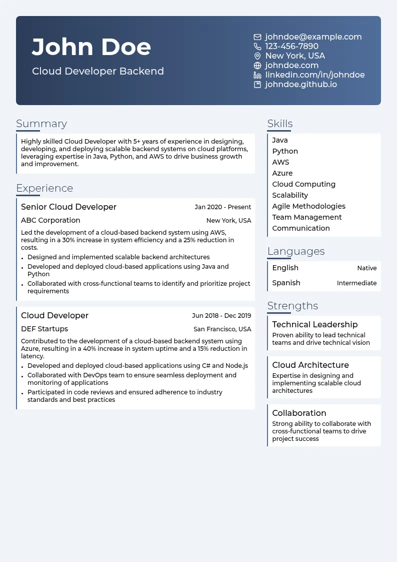 Cloud Developer Backend resume example