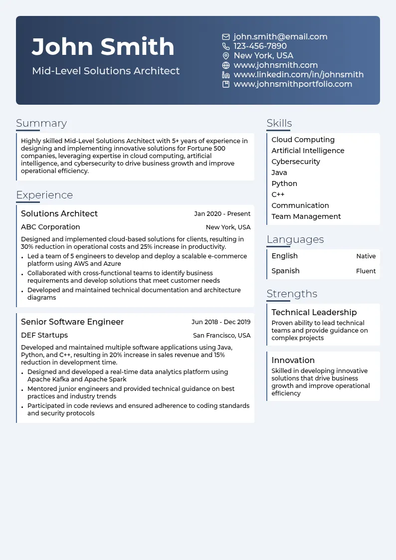 Mid-Level Solutions Architect resume example
