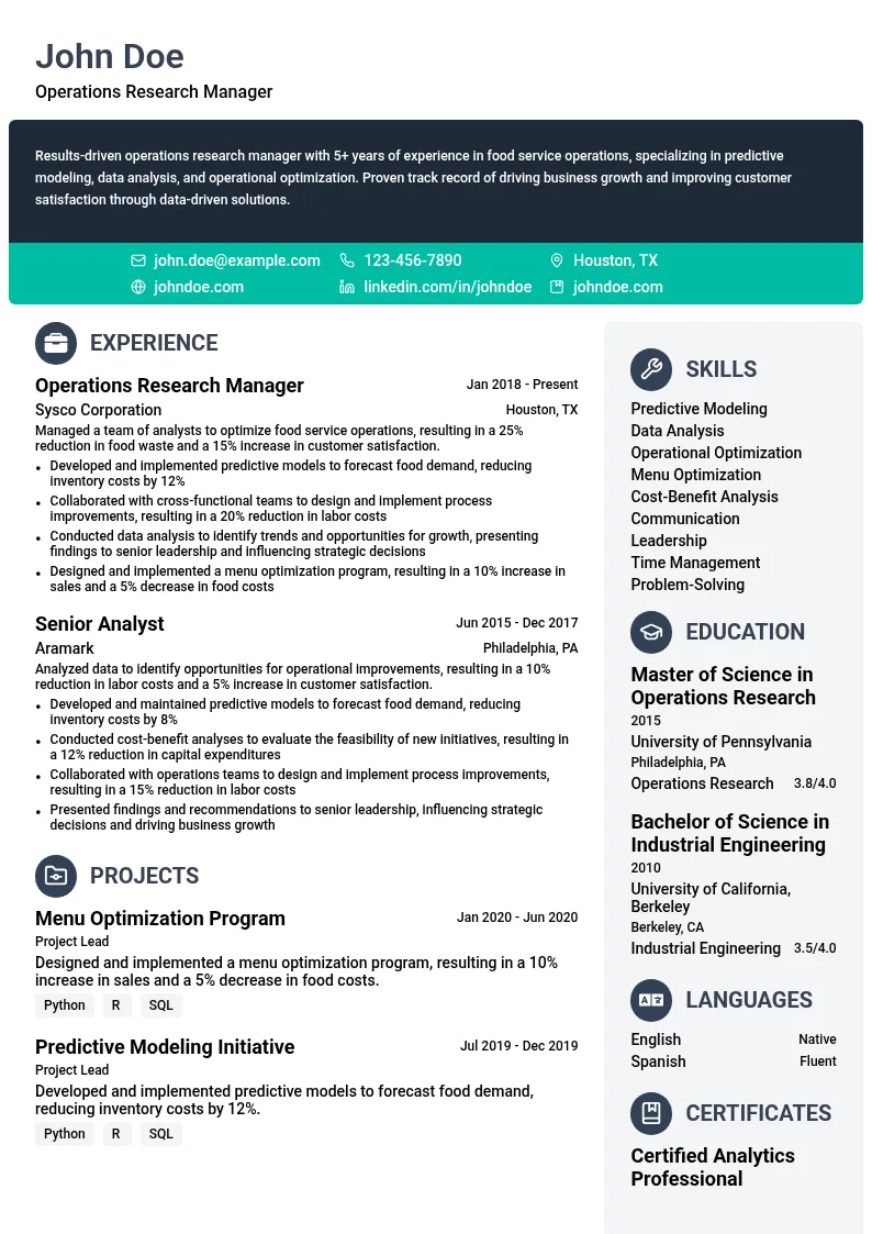 Operations Research Manager for Food Services resume example