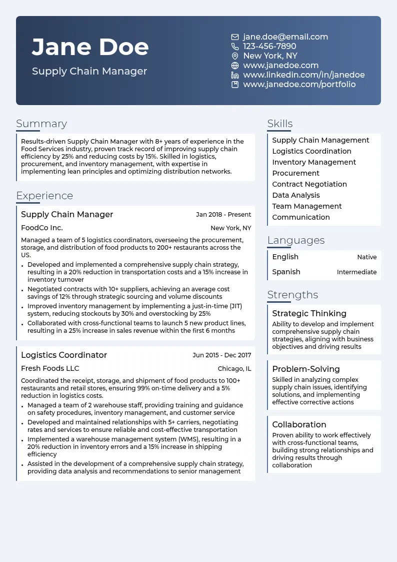 Supply Chain Manager for Food Services resume example