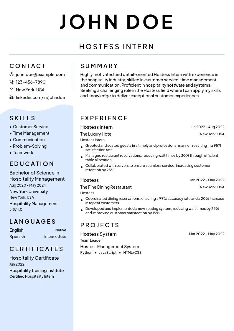 Hostess Intern resume example