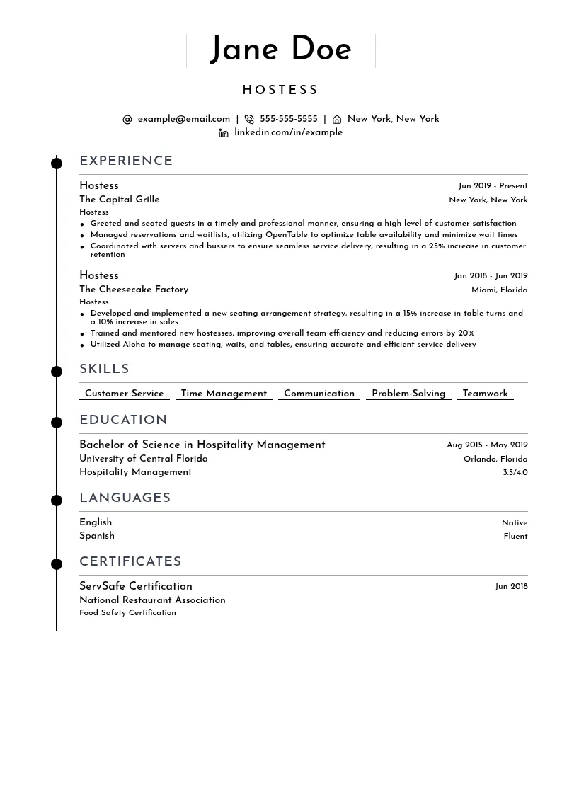 Hostess resume example
