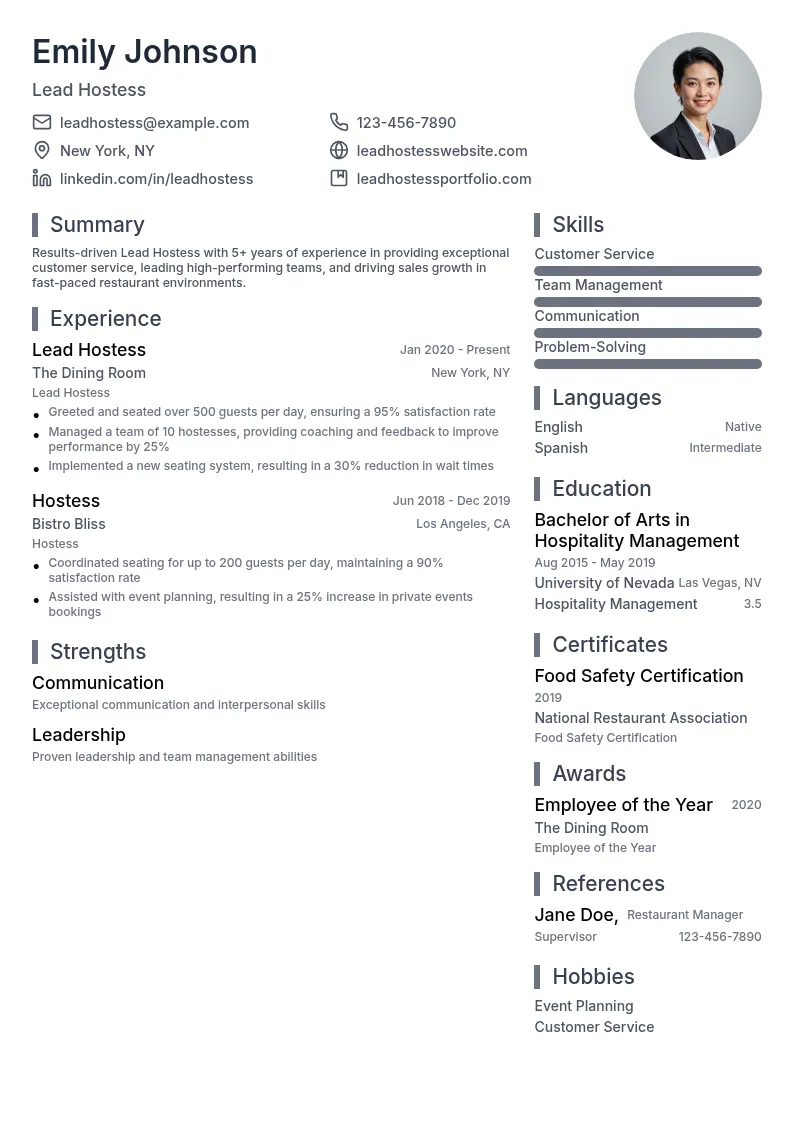 Lead Hostess resume example