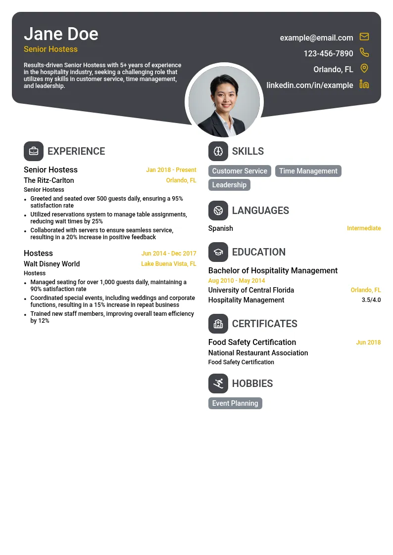Senior Hostess resume example