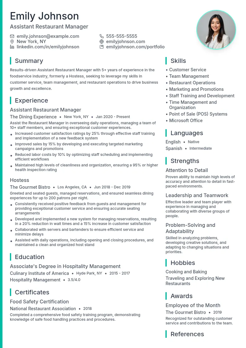 Assistant Restaurant Manager (formerly Hostess) resume example