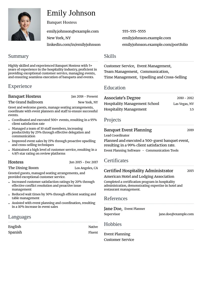 Banquet Hostess resume example
