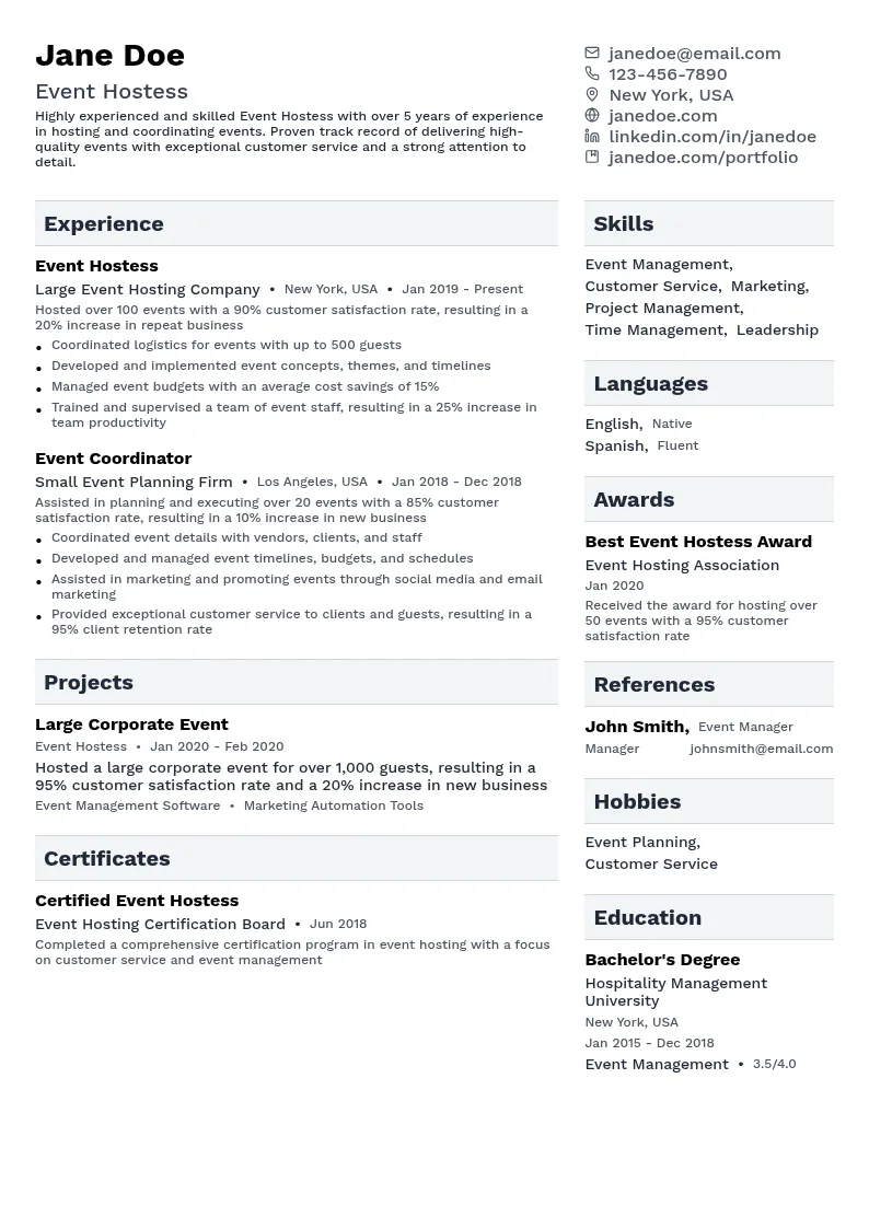 Event Hostess resume example