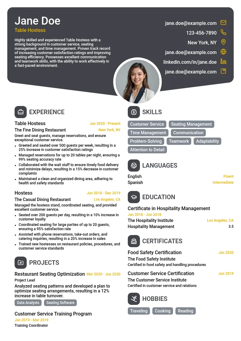 Table Hostess resume example