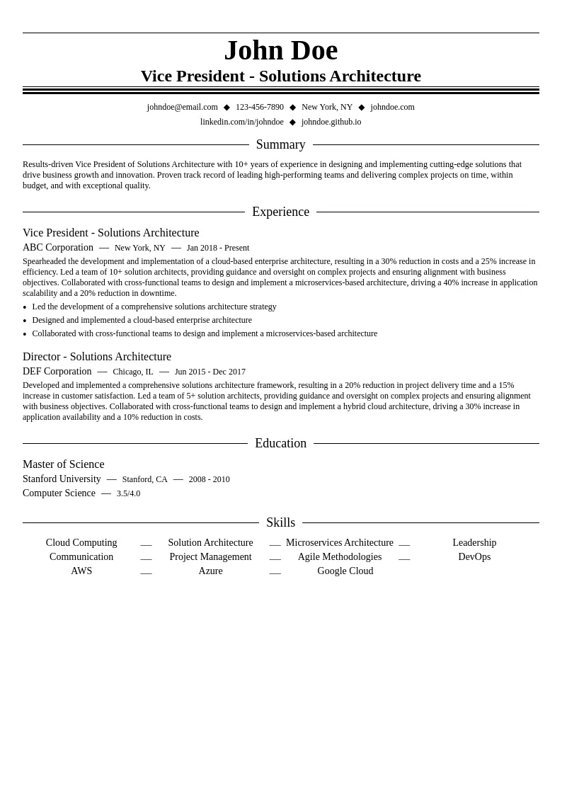 Vice President - Solutions Architecture resume example