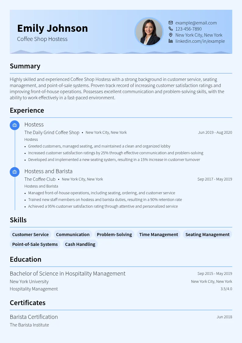 Coffee Shop Hostess resume example