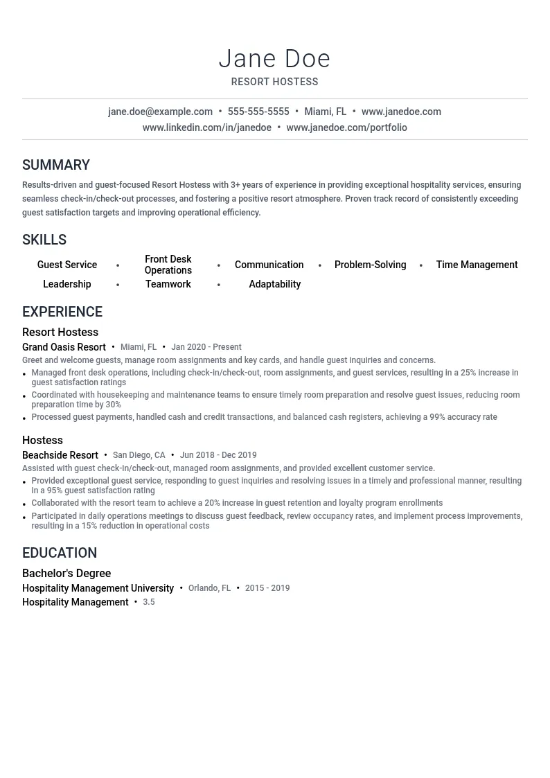 Resort Hostess resume example