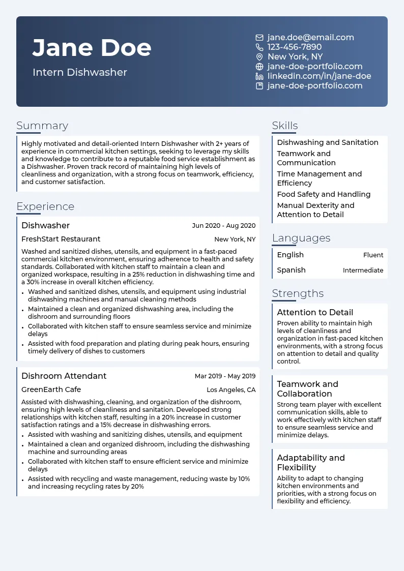 Intern Dishwasher resume example