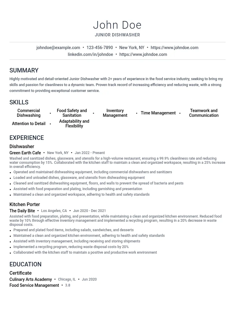 Junior Dishwasher resume example