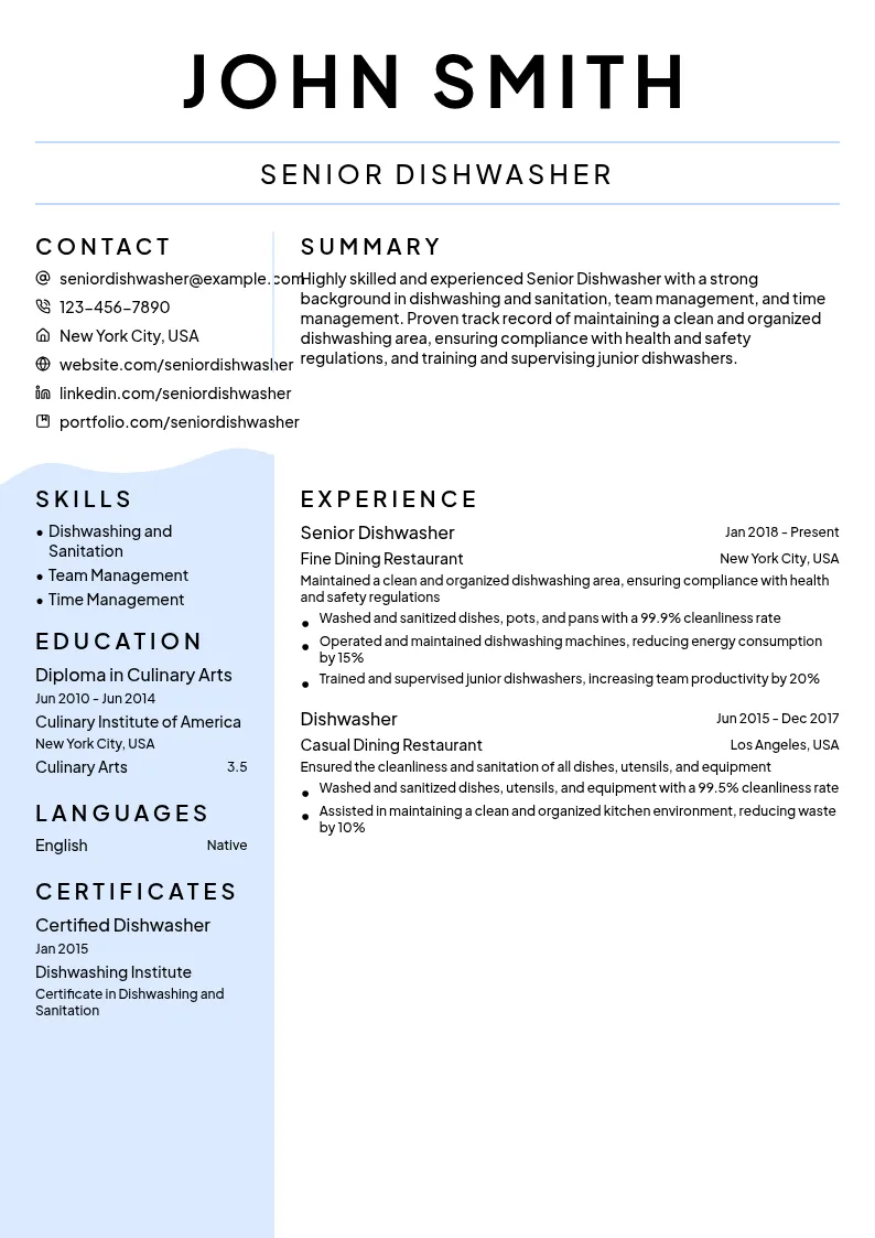 Senior Dishwasher resume example