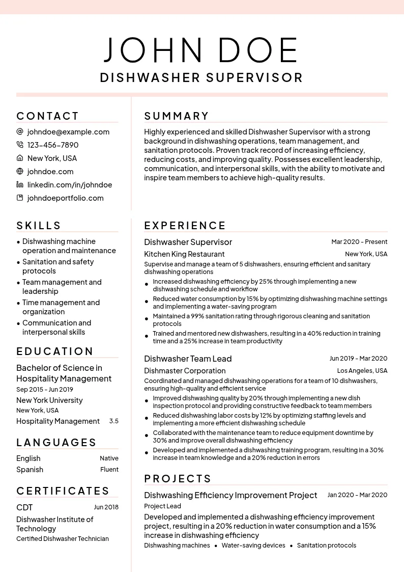 Dishwasher Supervisor resume example