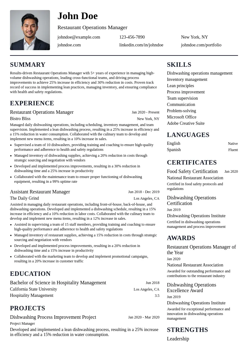 Restaurant Operations Manager (Dishwasher Focus) resume example