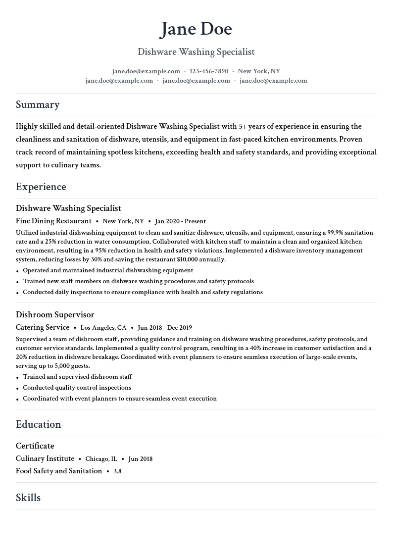 Dishware Washing Specialist resume example