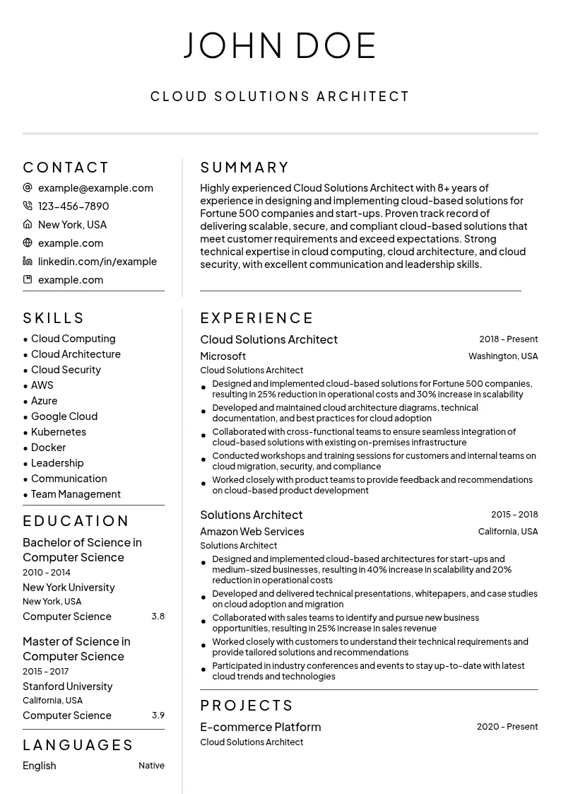 Cloud Solutions Architect resume example
