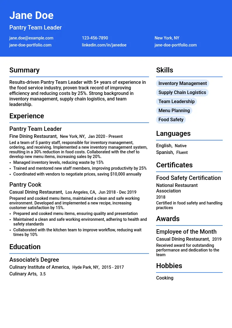 Pantry/Pantry Team Leader resume example