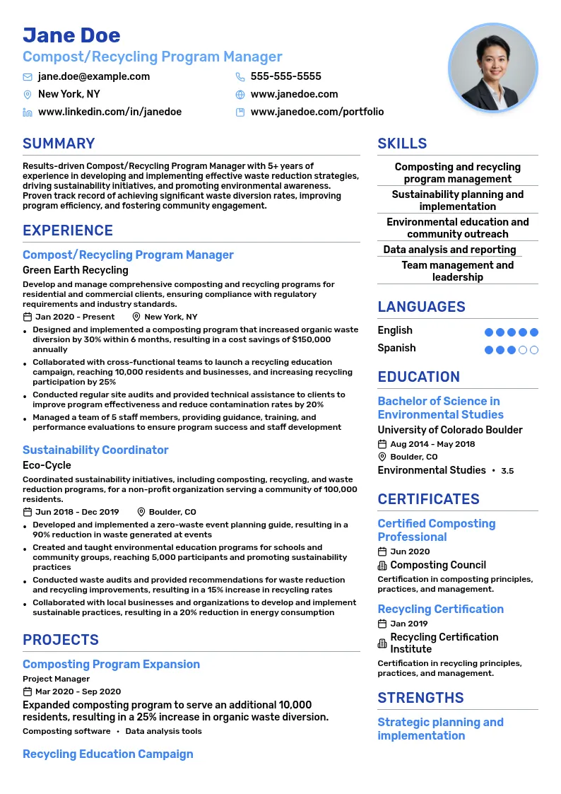 Compost/Recycling Program Manager resume example
