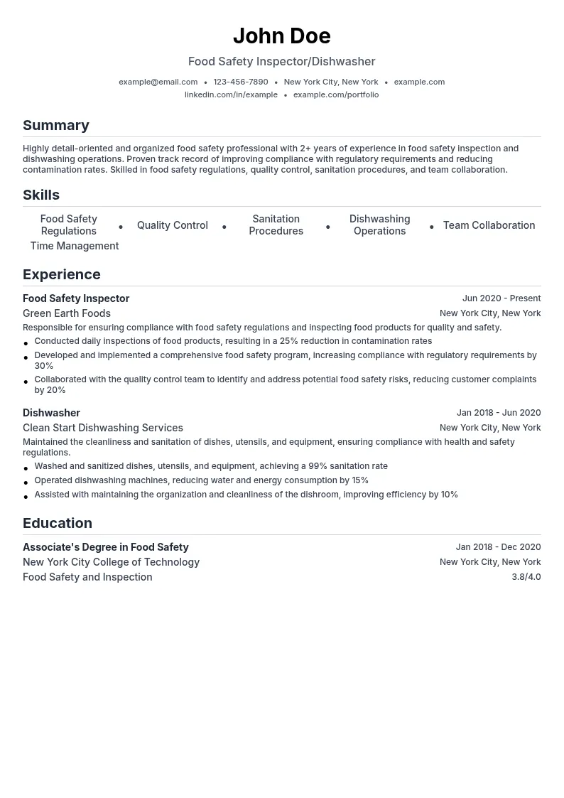 Food Safety Inspector/Dishwasher resume example