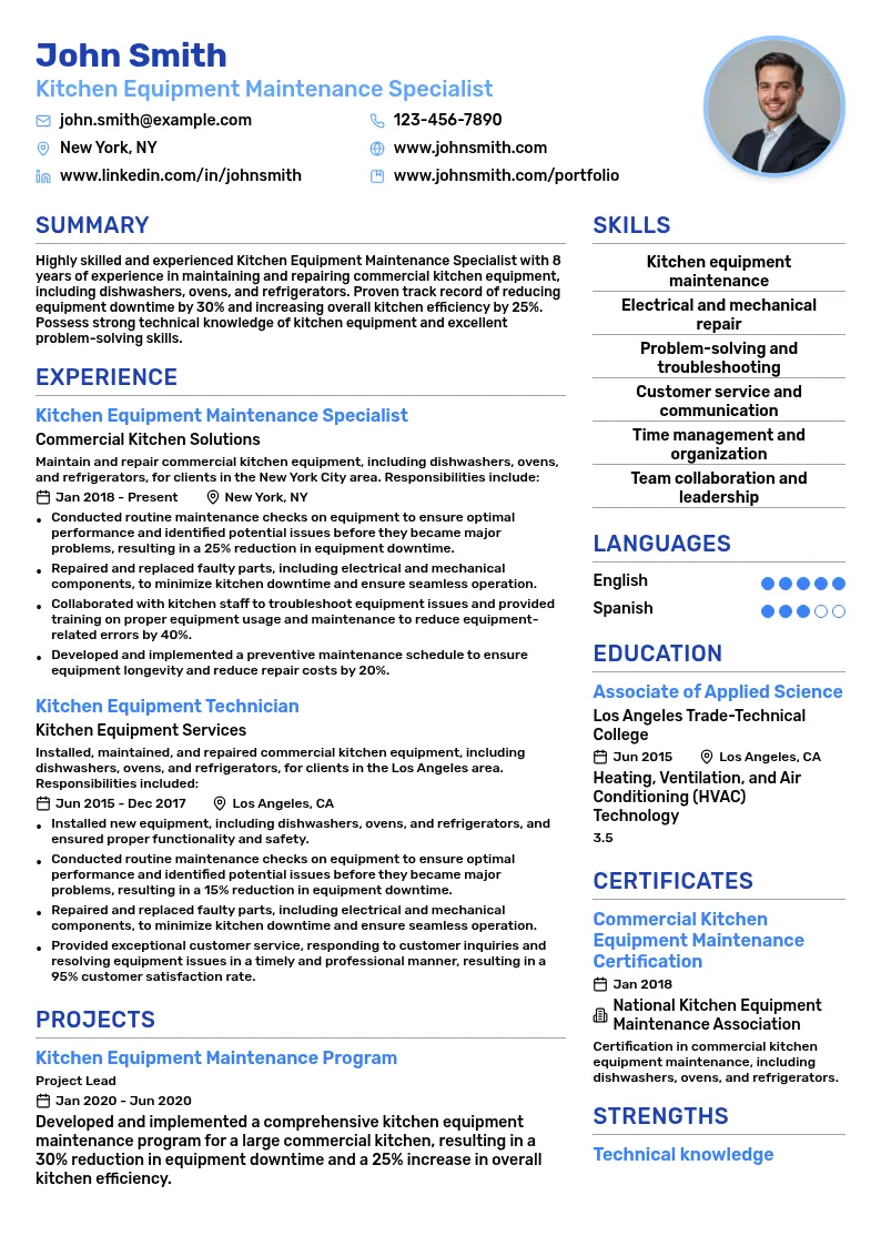 Kitchen Equipment Maintenance Specialist resume example