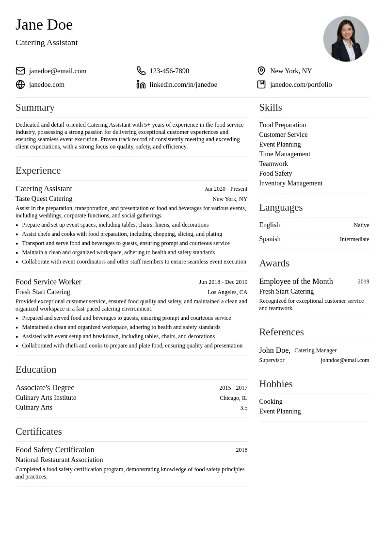Catering Assistant resume example
