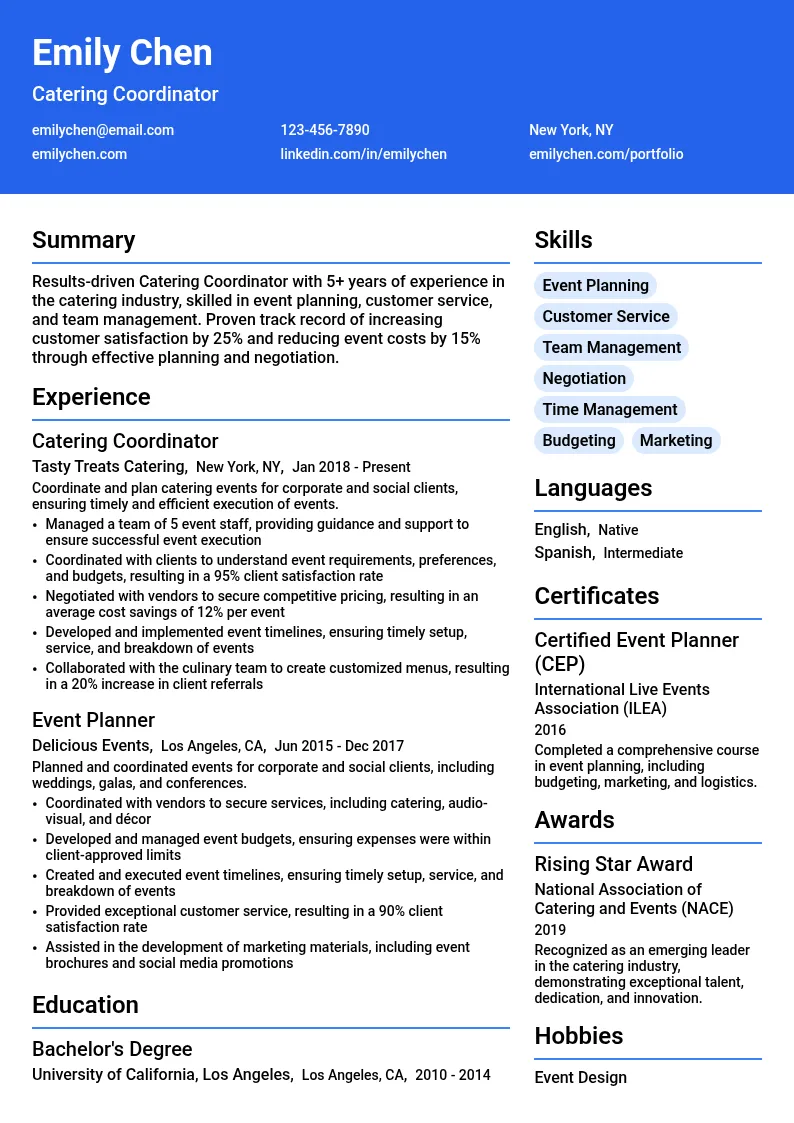 Catering Coordinator resume example