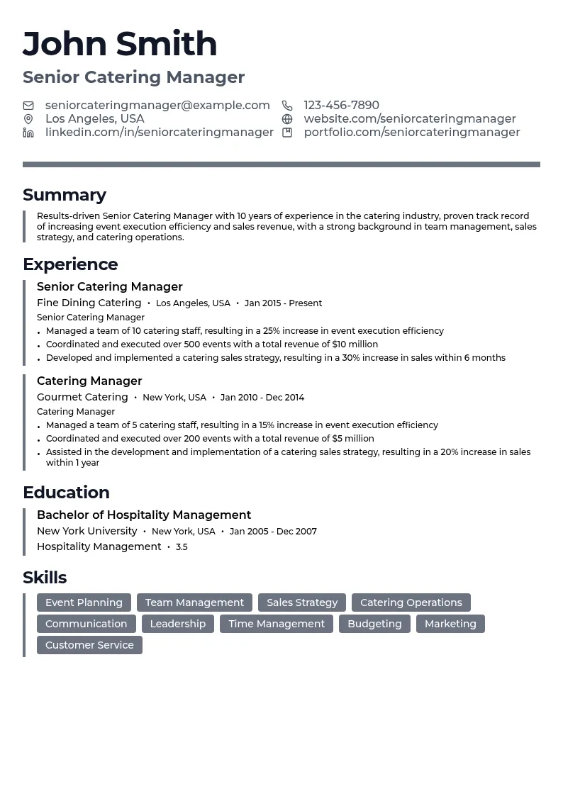 Senior Catering Manager resume example