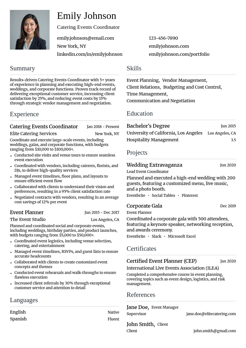 Catering Events Coordinator resume example