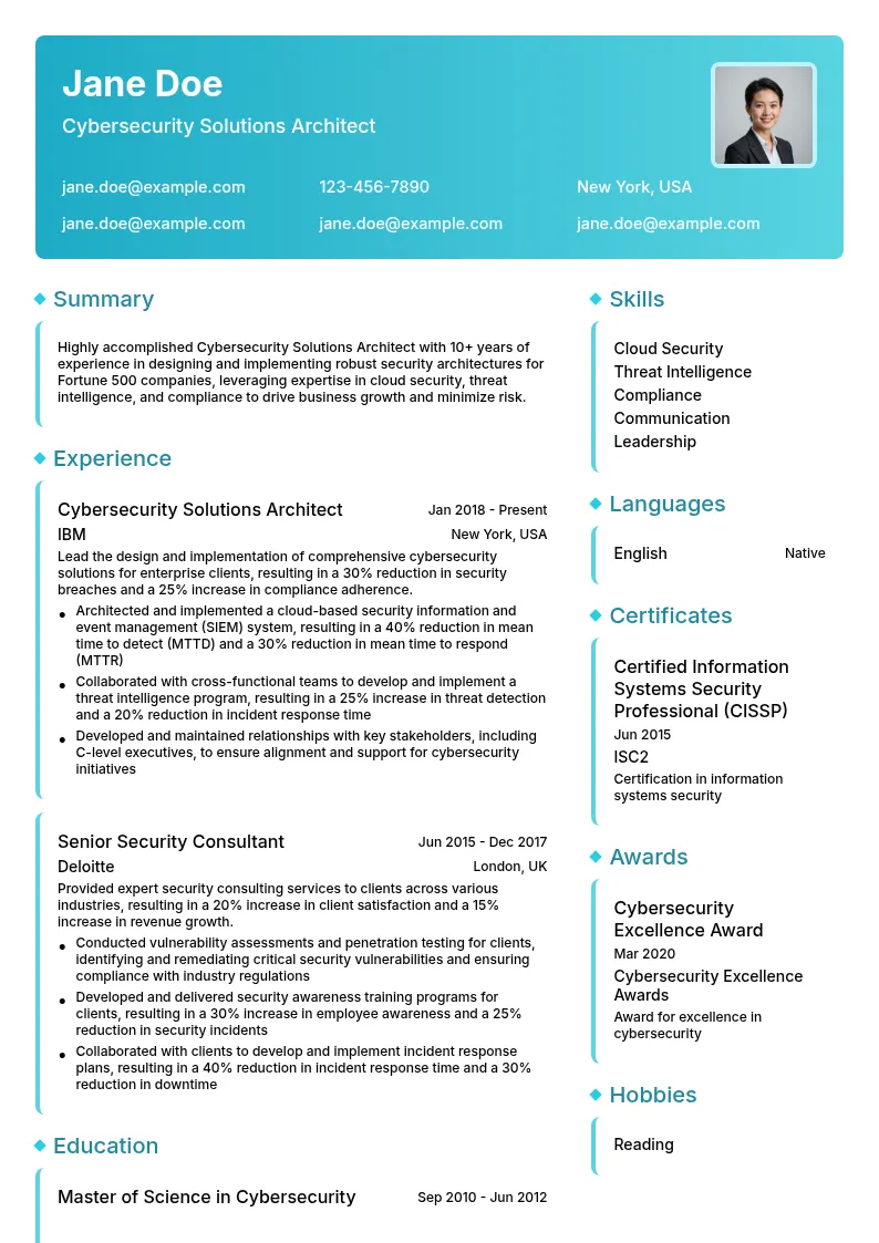 Cybersecurity Solutions Architect resume example