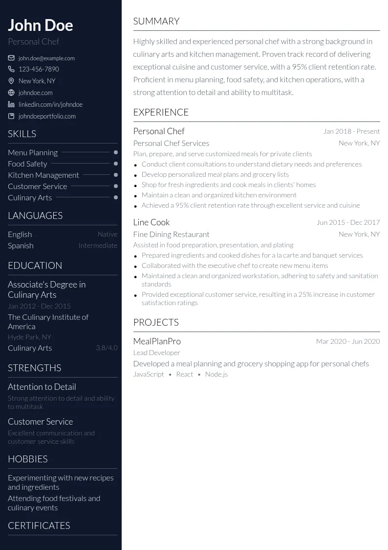 Personal Chef resume example
