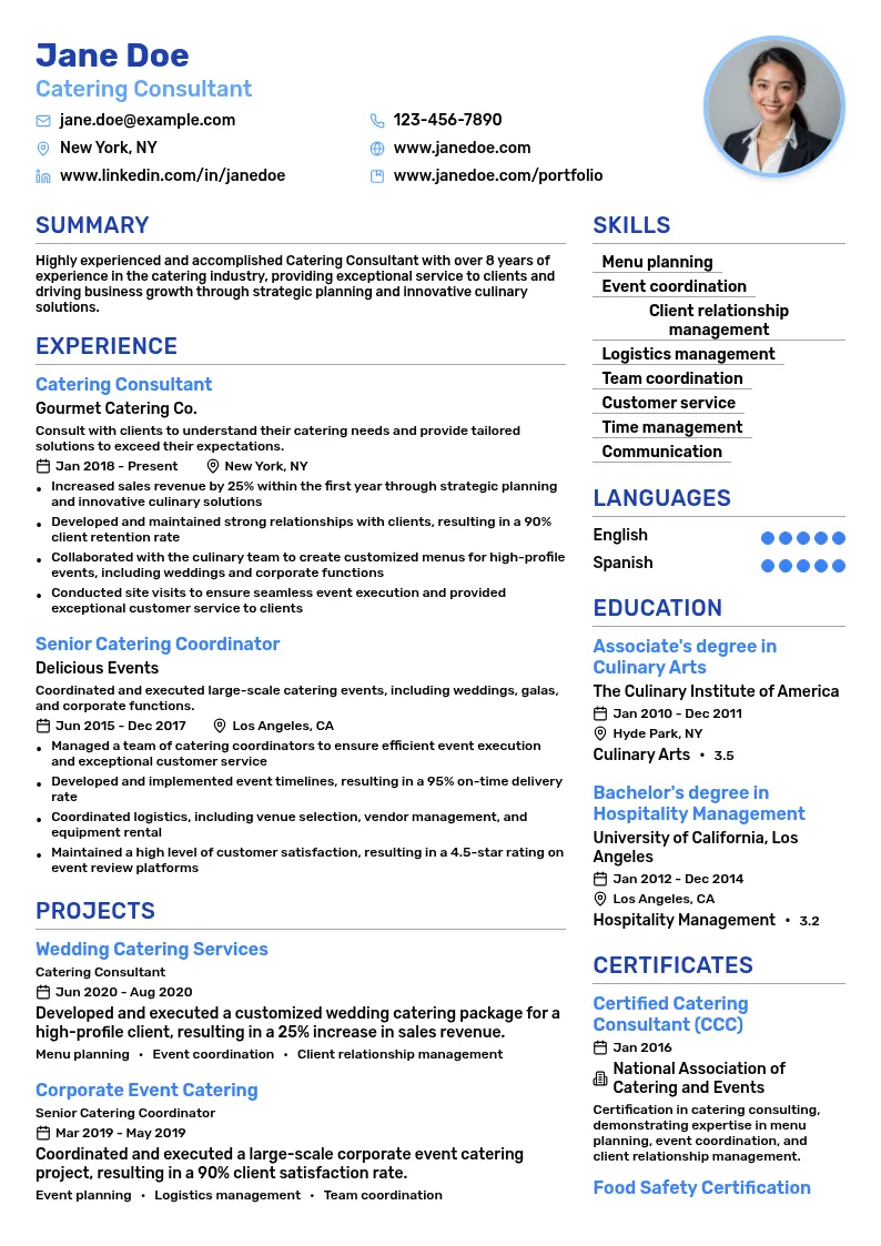 Catering Consultant resume example