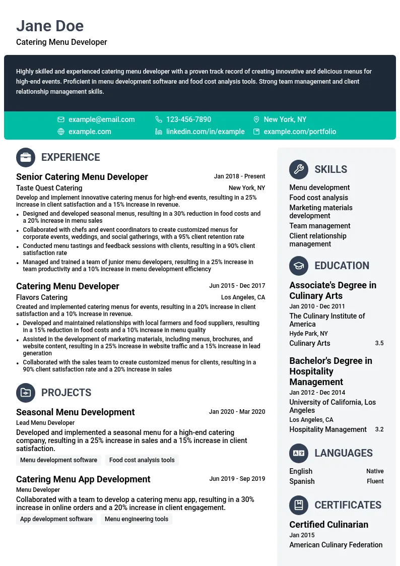 Catering Menu Developer resume example