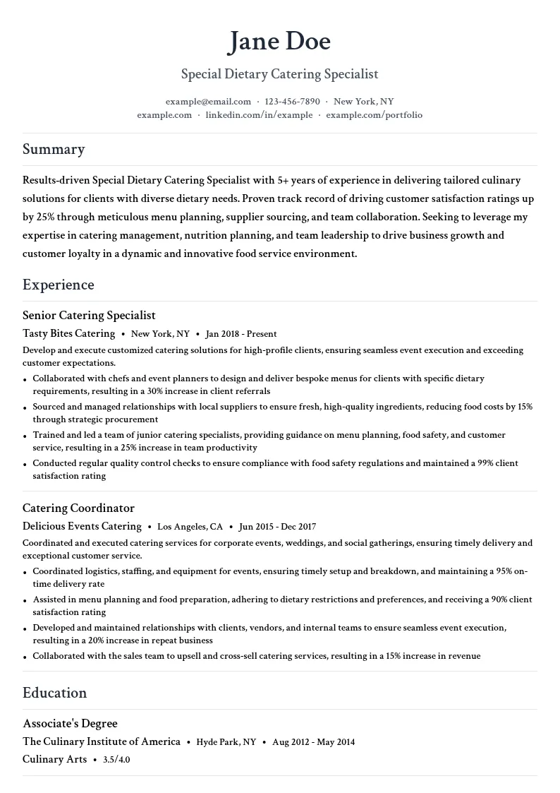 Special Dietary Catering Specialist resume example