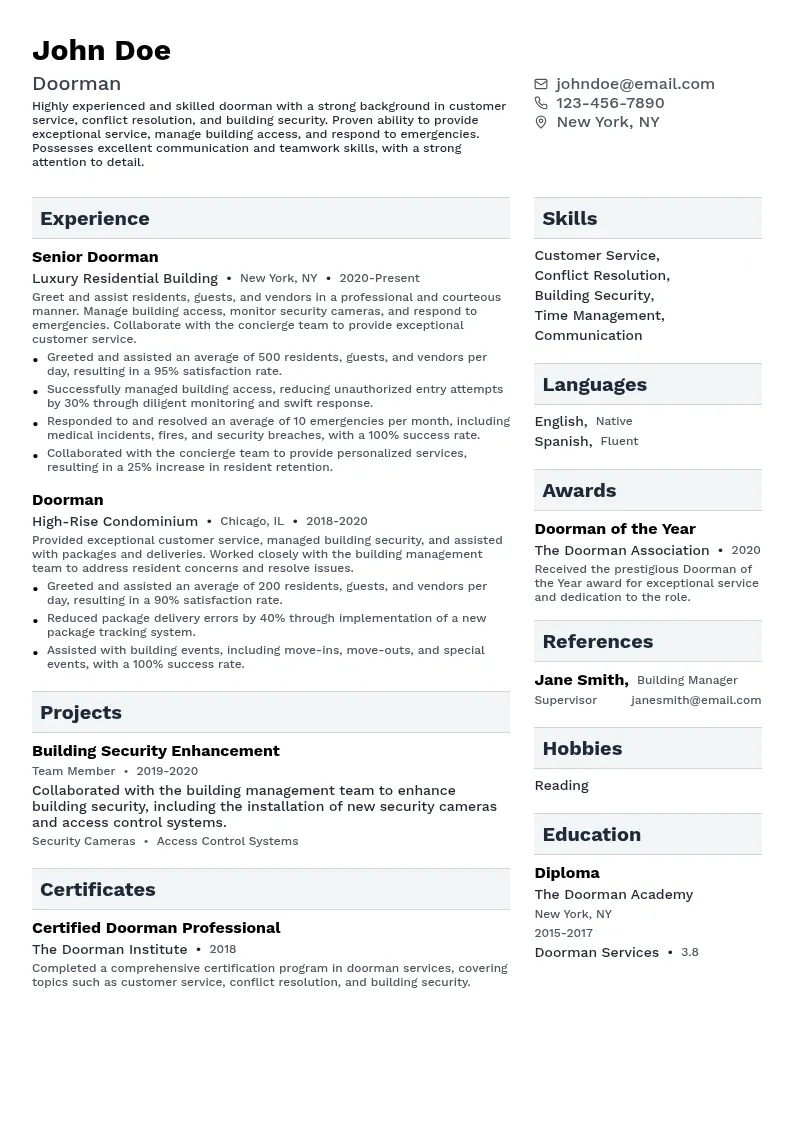Doorman resume example