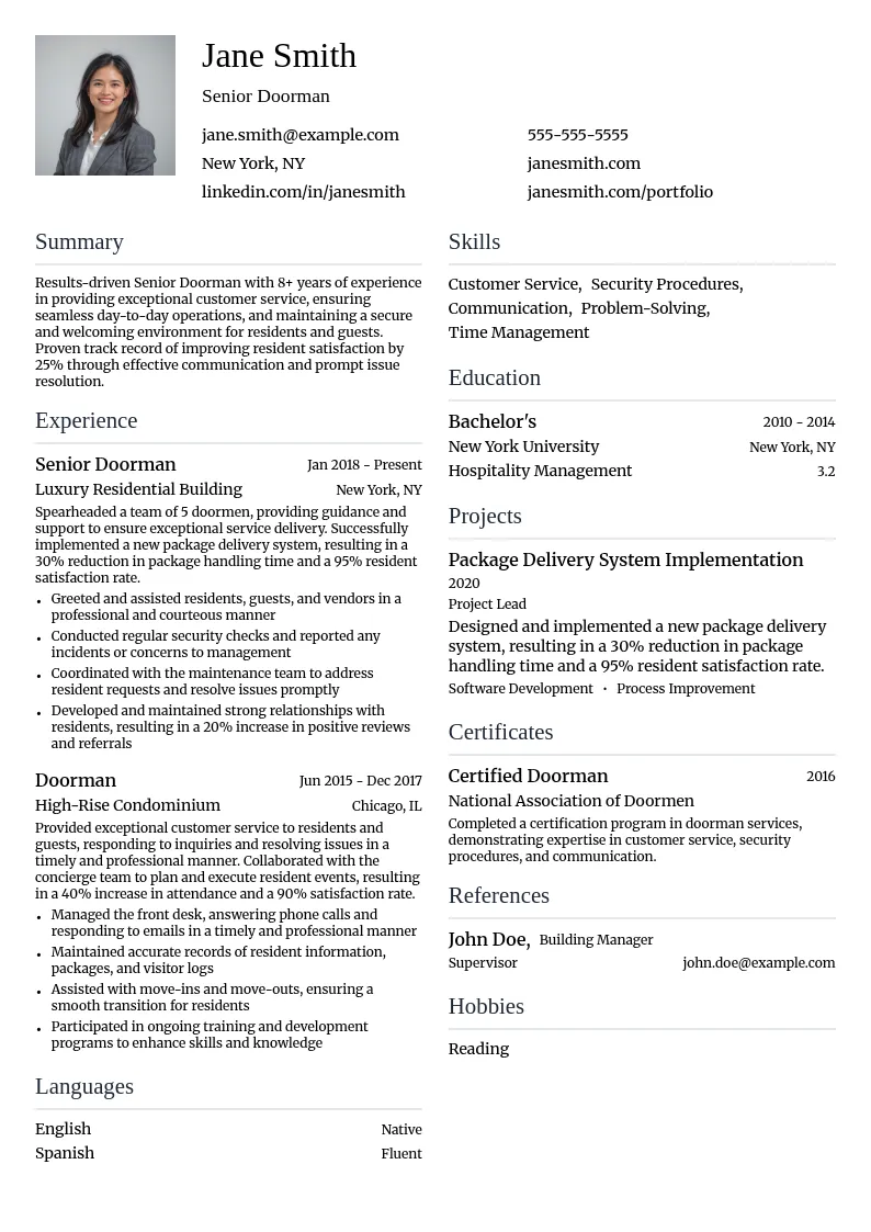 Senior Doorman resume example