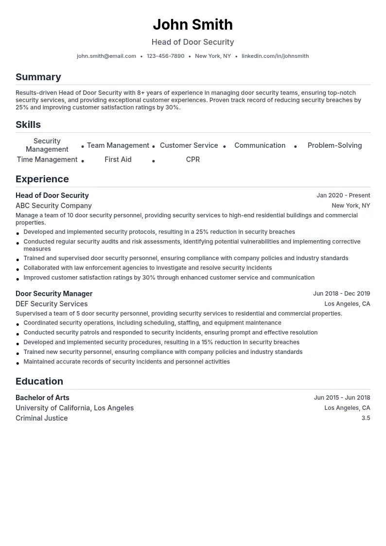 Head of Door Security resume example