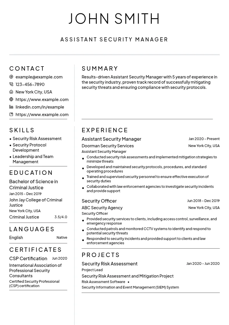 Assistant Security Manager resume example