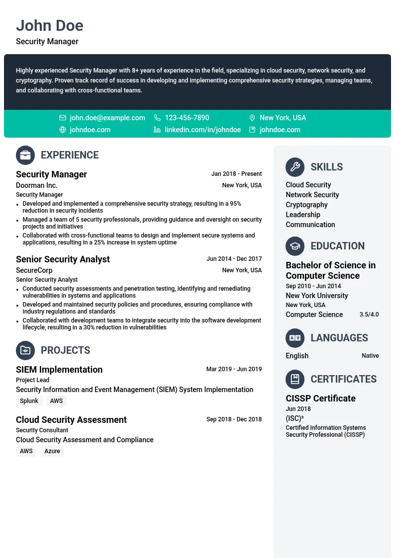Security Manager resume example