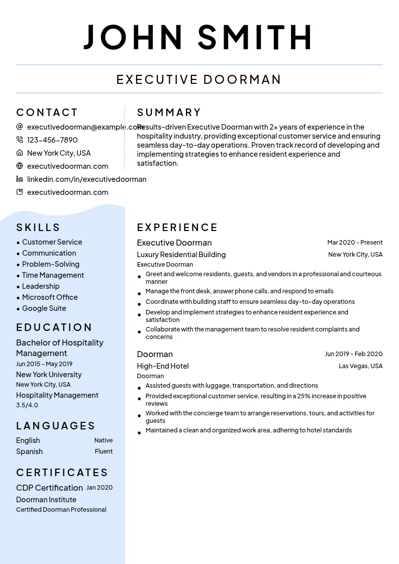 Executive Doorman resume example