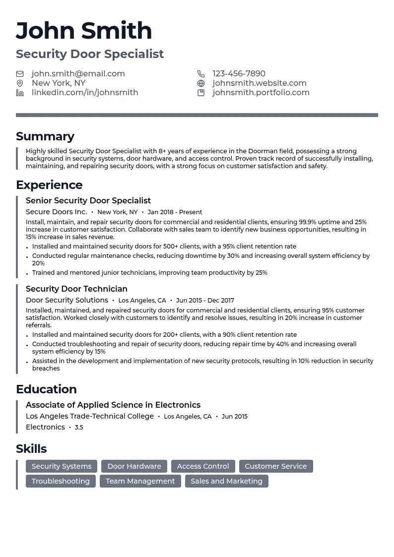 Security Door Specialist resume example