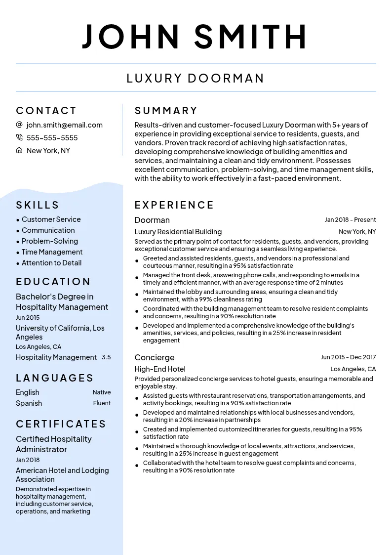 Luxury Doorman resume example