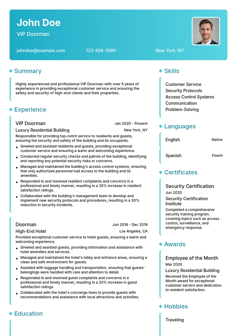 VIP Doorman resume example