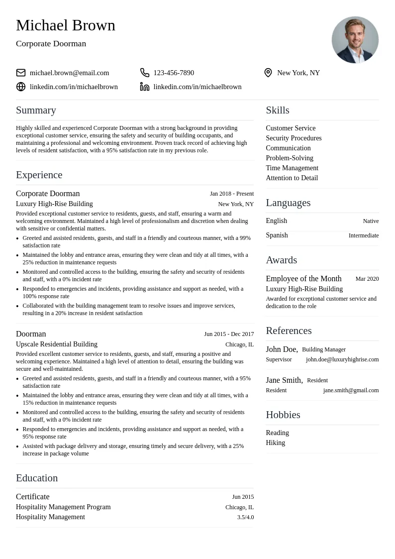 Corporate Doorman resume example